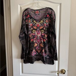 Johnny Was Black Graphic Long Sleeve Blouse